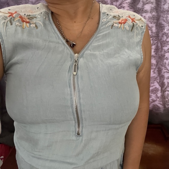 Embroidered Mesh Zip Up Short Chambray Romper Stretch Tie Up Pocket Denim Kawaii - Picture 3 of 10